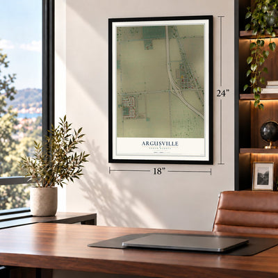 Argusville, North Dakota map, 18 x 24 inch print in a black frame in a home office