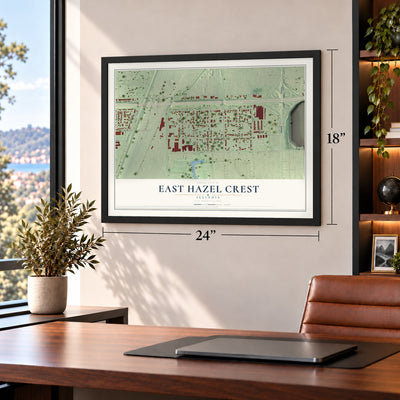 East Hazel Crest, Illinois map, 18 x 24 inch print in a black frame in a home office
