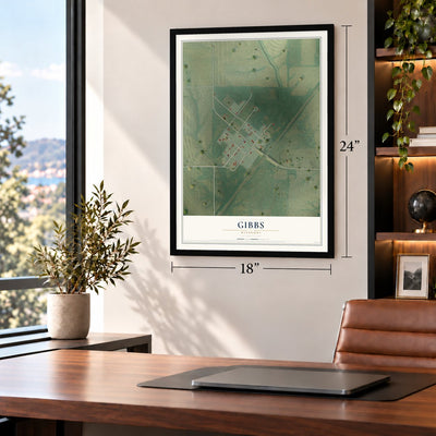 Gibbs, Missouri map, 18 x 24 inch print in a black frame in a home office