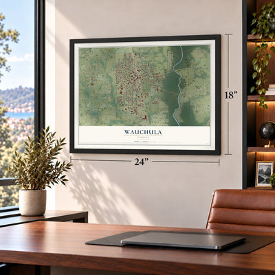 Wauchula, Florida map, 18 x 24 inch print in a black frame in a home office
