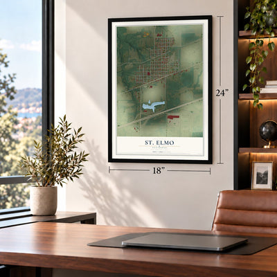 St. Elmo, Illinois map, 18 x 24 inch print in a black frame in a home office