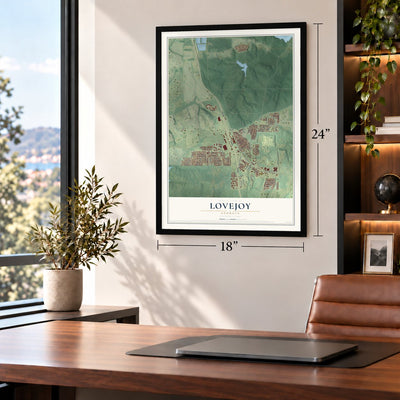 Lovejoy, Georgia map, 18 x 24 inch print in a black frame in a home office