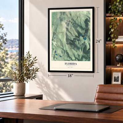 Florida, Massachusetts map, 18 x 24 inch print in a black frame in a home office