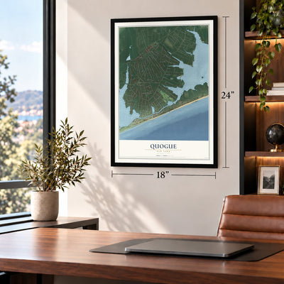 Quogue, New York map, 18 x 24 inch print in a black frame in a home office