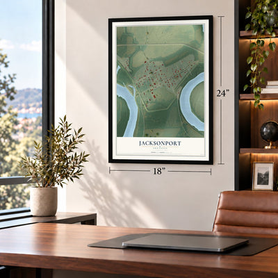 Jacksonport, Arkansas map, 18 x 24 inch print in a black frame in a home office