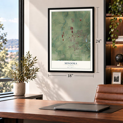 Minooka, Illinois map, 18 x 24 inch print in a black frame in a home office