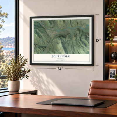 South Fork, Colorado map, 18 x 24 inch print in a black frame in a home office
