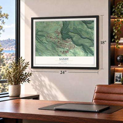 Sandy, Oregon map, 18 x 24 inch print in a black frame in a home office