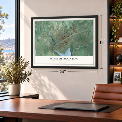 Town of Boonton, Morris County, New Jersey map, 18 x 24 inch print in a black frame in a home office