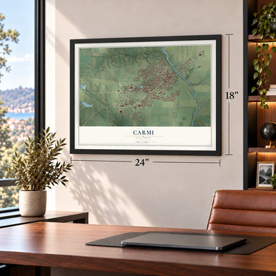 Carmi, Illinois map, 18 x 24 inch print in a black frame in a home office