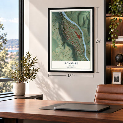 Iron Gate, Virginia map, 18 x 24 inch print in a black frame in a home office