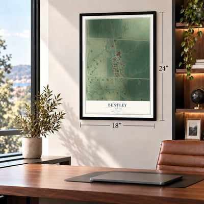 Bentley, Illinois map, 18 x 24 inch print in a black frame in a home office