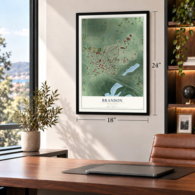Brandon, Minnesota map, 18 x 24 inch print in a black frame in a home office