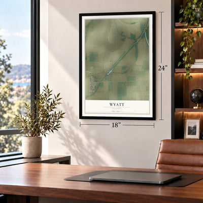 Wyatt, Missouri map, 18 x 24 inch print in a black frame in a home office