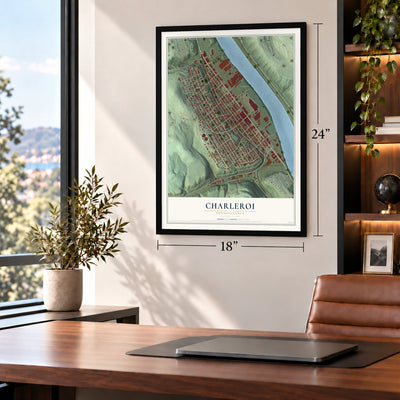 Charleroi, Pennsylvania map, 18 x 24 inch print in a black frame in a home office