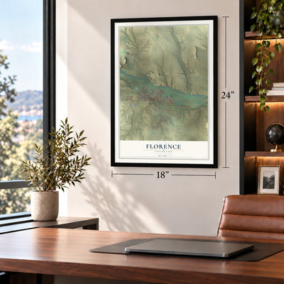 Florence, Colorado map, 18 x 24 inch print in a black frame in a home office