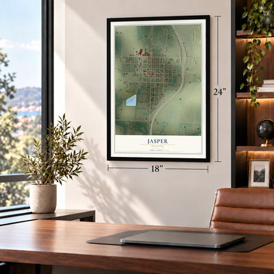 Jasper, Missouri map, 18 x 24 inch print in a black frame in a home office