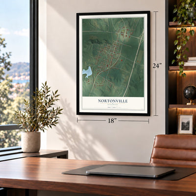Nortonville, Kentucky map, 18 x 24 inch print in a black frame in a home office