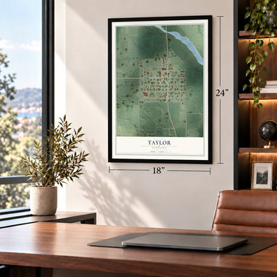 Taylor, Nebraska map, 18 x 24 inch print in a black frame in a home office