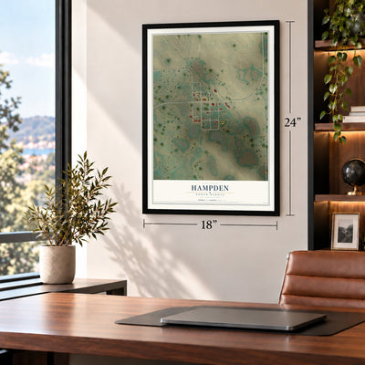 Hampden, North Dakota map, 18 x 24 inch print in a black frame in a home office