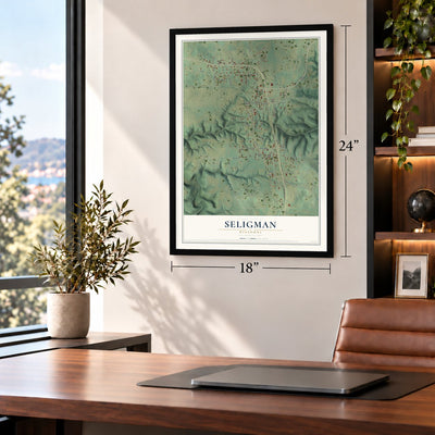 Seligman, Missouri map, 18 x 24 inch print in a black frame in a home office