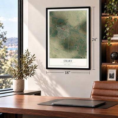 Crary, North Dakota map, 18 x 24 inch print in a black frame in a home office
