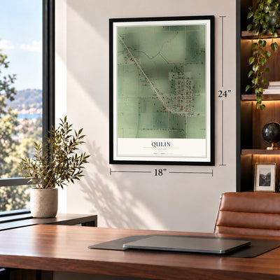 Qulin, Missouri map, 18 x 24 inch print in a black frame in a home office