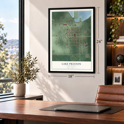 Lake Preston, South Dakota map, 18 x 24 inch print in a black frame in a home office