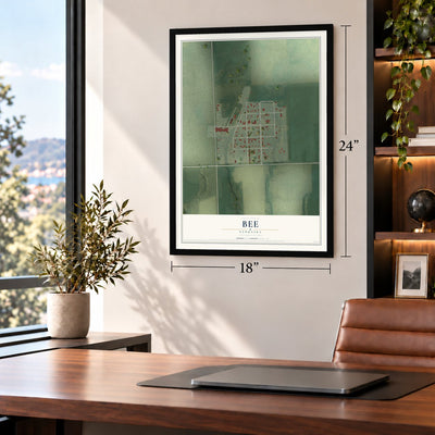 Bee, Nebraska map, 18 x 24 inch print in a black frame in a home office