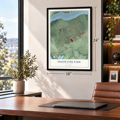 Edgewater Park, New Jersey map, 18 x 24 inch print in a black frame in a home office