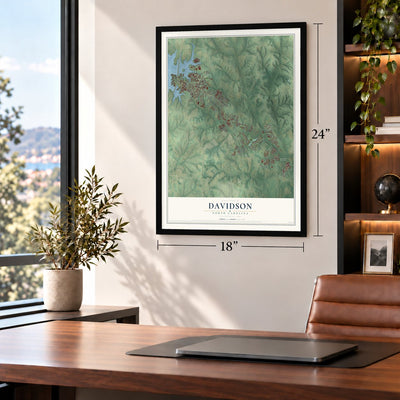 Davidson, North Carolina map, 18 x 24 inch print in a black frame in a home office
