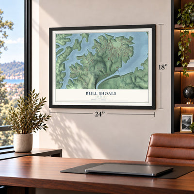 Bull Shoals, Arkansas map, 18 x 24 inch print in a black frame in a home office
