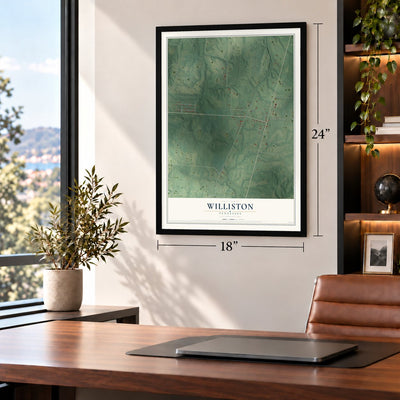 Williston, Tennessee map, 18 x 24 inch print in a black frame in a home office