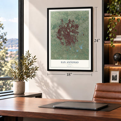 San Antonio, Texas map, 18 x 24 inch print in a black frame in a home office