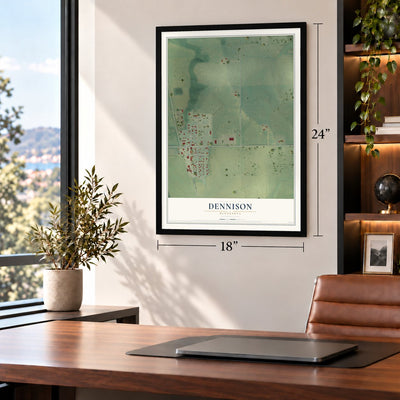 Dennison, Minnesota map, 18 x 24 inch print in a black frame in a home office