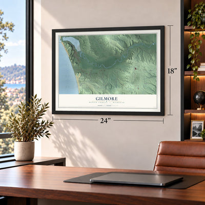 Gilmore, Benzie County, Michigan map, 18 x 24 inch print in a black frame in a home office