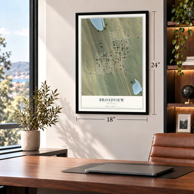 Broadview, Montana map, 18 x 24 inch print in a black frame in a home office