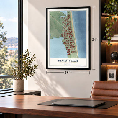 Dewey Beach, Delaware map, 18 x 24 inch print in a black frame in a home office