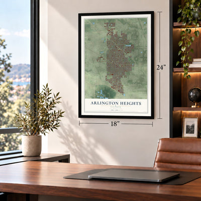 Arlington Heights, Illinois map, 18 x 24 inch print in a black frame in a home office