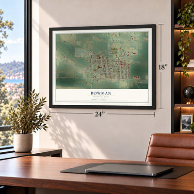 Bowman, North Dakota map, 18 x 24 inch print in a black frame in a home office