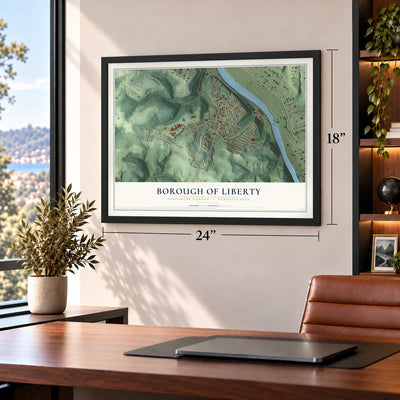 Borough of Liberty, Allegheny County, Pennsylvania map, 18 x 24 inch print in a black frame in a home office