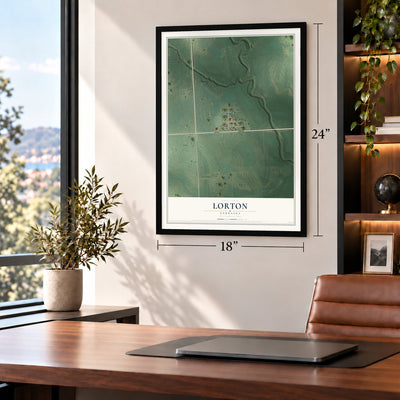 Lorton, Nebraska map, 18 x 24 inch print in a black frame in a home office