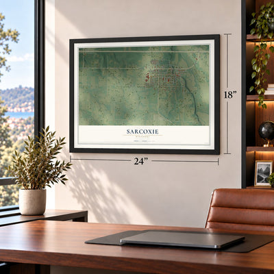 Sarcoxie, Missouri map, 18 x 24 inch print in a black frame in a home office