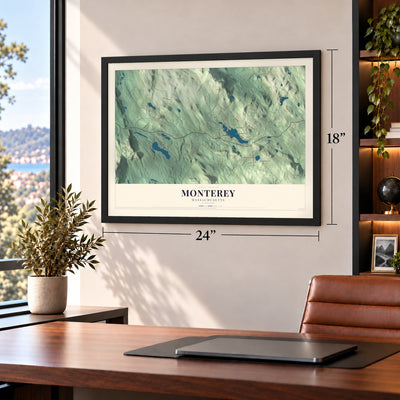 Monterey, Massachusetts map, 18 x 24 inch print in a black frame in a home office