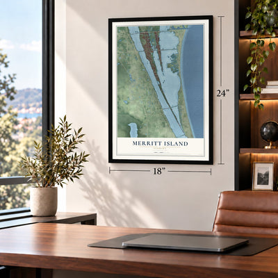 Merritt Island, Florida map, 18 x 24 inch print in a black frame in a home office