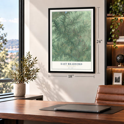 East Bradford, Pennsylvania map, 18 x 24 inch print in a black frame in a home office