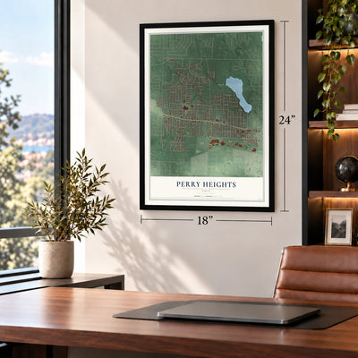 Perry Heights, Ohio map, 18 x 24 inch print in a black frame in a home office