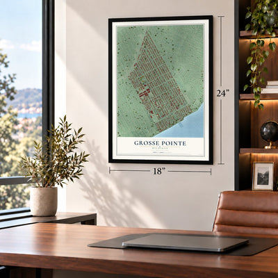 Grosse Pointe, Michigan map, 18 x 24 inch print in a black frame in a home office