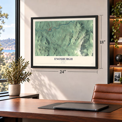Enosburgh, Vermont map, 18 x 24 inch print in a black frame in a home office