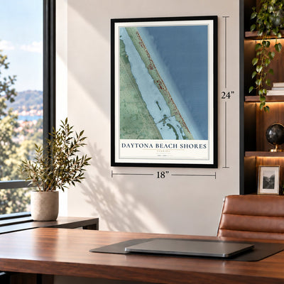 Daytona Beach Shores, Florida map, 18 x 24 inch print in a black frame in a home office